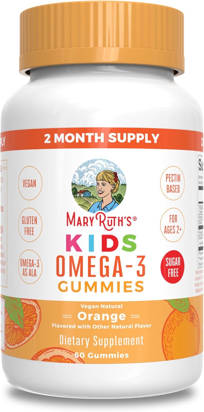 MaryRuth Organics Vegan Omega 3 Gummies for Kids 2+ 2 Month Supply Sugar Free Omega 3 Supplement with Vitamin C Flaxseed Oil Immune Support Essential Nutrient ALA No Fish Taste 60 Count