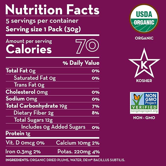 Sunny Fruit Organic Probiotic Pitted Prunes - 6 Bags (30 Individual Portion Packs) | No Preservatives No Sugar Added | Dried Plums Snack Packs with Live Probiotics | ORGANIC NON-GMO KOSHER HALAL