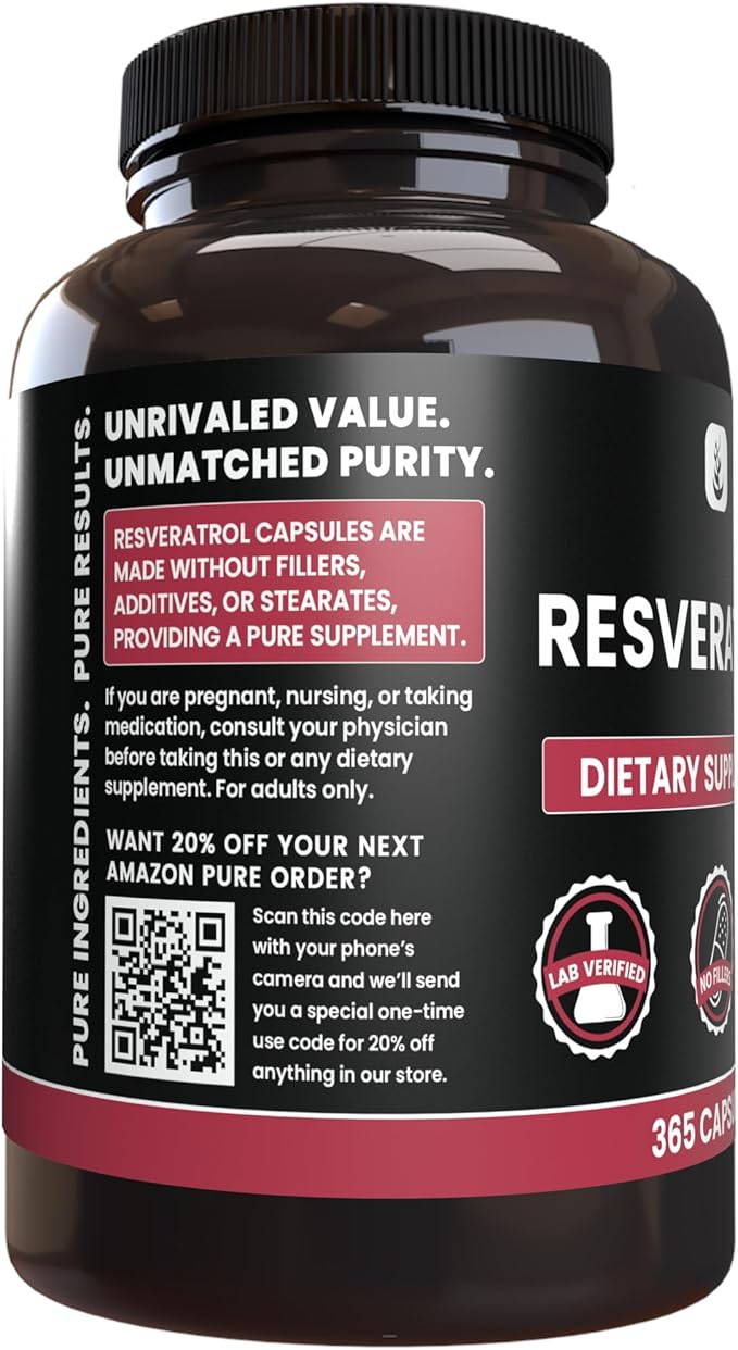 PURE ORIGINAL INGREDIENTS Resveratrol (365 Capsules) No Magnesium Or Rice Fillers Always Pure Lab Verified