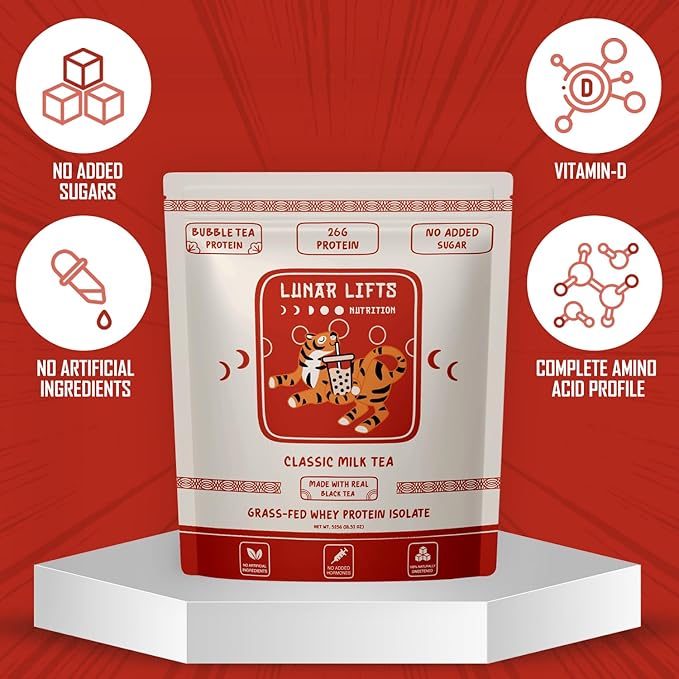 Lunar Lifts Nutrition Classic Milk Tea Boba Protein Powder | Whey Protein Isolate | 26g Grass Fed Whey Protein Powder | No Added Sugar or Artificial Ingredients | Bubble Tea