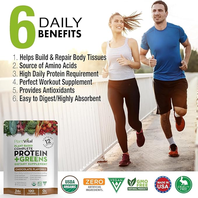 Plantvital Vegan Protein Powder Plant Based Organic Protein Powder Chocolate 24g/0g Sugar 12 Superfoods Veggies Probiotics Raw Cocoa Kale Beets Spirulina Pea Gluten-Free Keto-Friendly32oz