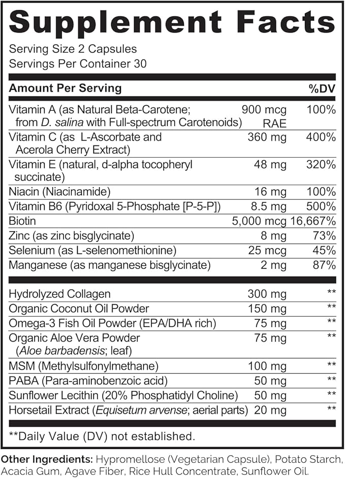 NATURELO Hair Skin and Nails Vitamins - 5000 mcg Biotin Collagen Natural Vitamin E - Supplement for Healthy Skin Hair Growth for Women and Men – 60 Capsules