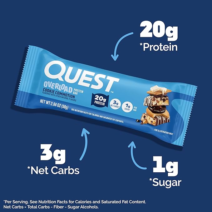 Quest Nutrition Overload Protein Bars Cookie Commotion 20g Protein 1g Sugar 3g Net Carbs Gluten Free 12 Count