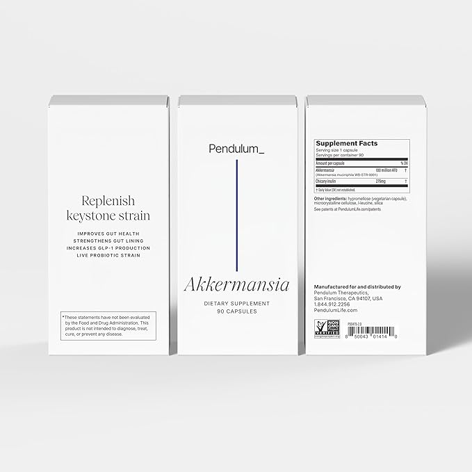 Pendulum Akkermansia Probiotic with Prebiotic Fiber - Delayed Release Capsules Third-Party Tested Authentic 100M AFU Live Strain for Gut Health &amp GLP-1 Support for Men &amp Women (90 Capsules