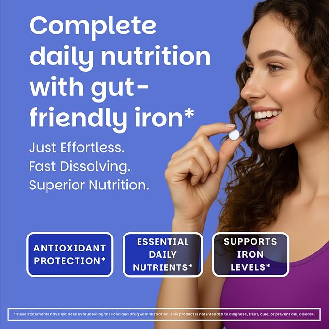 EZ Melts Multivitamin + Iron - Daily Multivitamin for Women &amp Men - Supports Healthy Energy Levels &amp Antioxidant Protection - Non-GMO &amp Vegan - Tropical Cherry - 60 Dissolvable Tablets (30