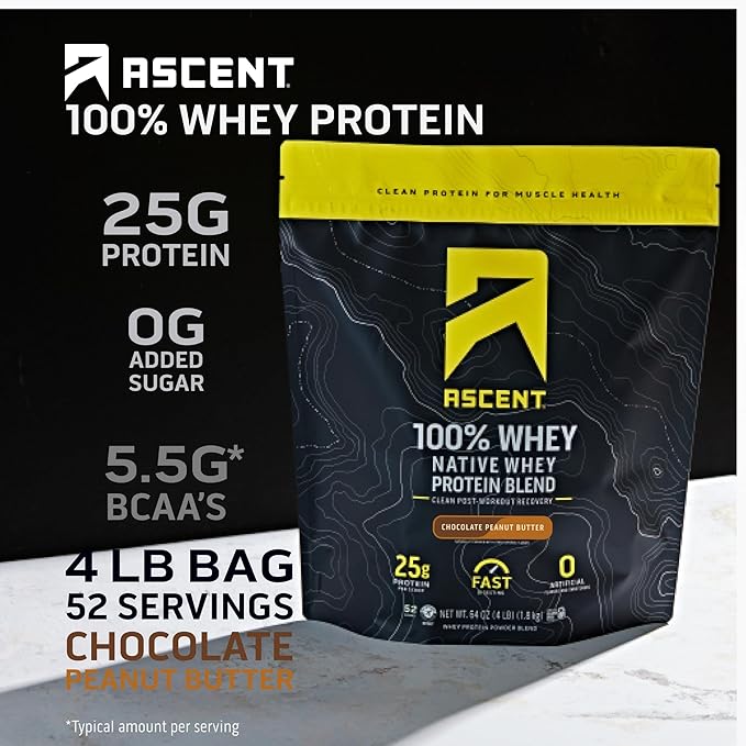 Ascent 100% Whey Protein Powder - Post Workout Whey Protein Isolate Zero Artificial Flavors &amp Sweeteners Gluten Free 5.5g BCAA 2.6g Leucine Essential Amino Acids Chocolate Peanut Butter 4 lb