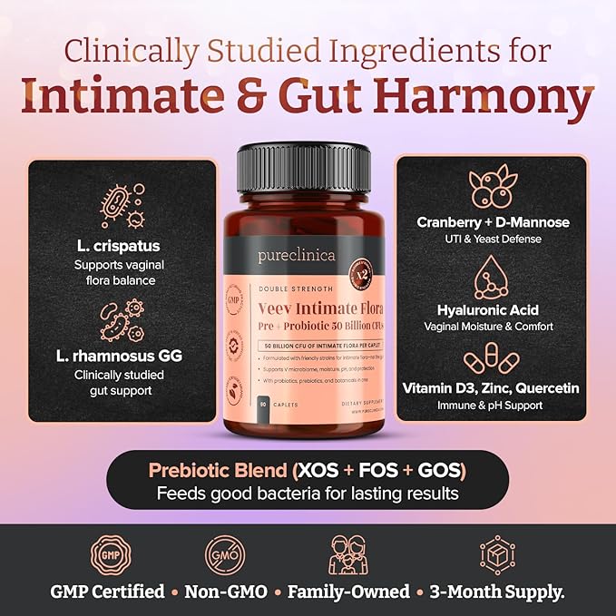 Veev Intimate Flora – Vaginal &amp Gut Microbiome Support – 50 Billion CFU Probiotics with Prebiotics Cranberry D-Mannose &amp Hyaluronic Acid – 180 Caplets (2 x 90) – 6-Month Supply