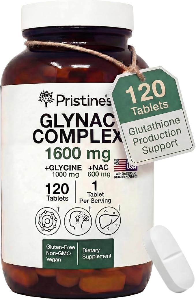 PRISTINE'S GlyNAC Complex Glutathione Production Supplement Tablets - 3rd Party Tested Anti Aging Sleep Quality &amp Cognitive Support Supplement - Glycine &amp NAC Gluten Free Non GMO USA Made