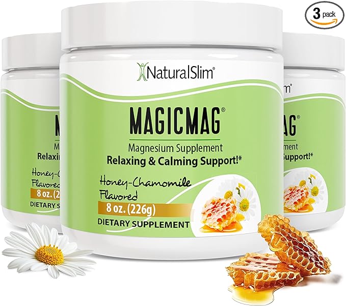NaturalSlim Magicmag Pure Magnesium Citrate Powder Stress Constipation Muscle Heart Health and Sleep Support | Honey Chamomile Flavored Magnesium Supplement - 8oz Drink Mix (3 Pack)