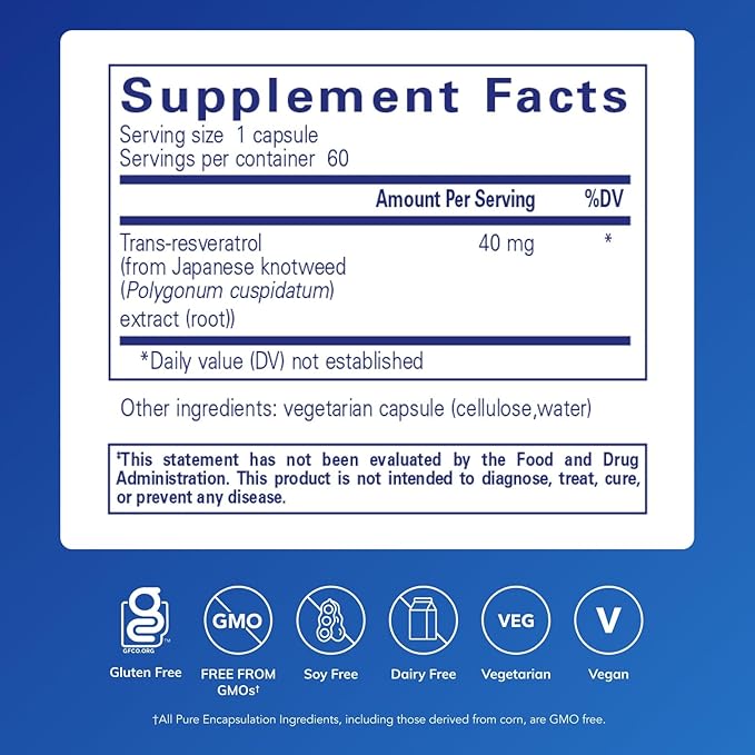 Pure Encapsulations Resveratrol - Cardiovascular Cellular Health &amp Memory Support* - 40 mg Trans-Resveratrol - Antioxidants Supplement - Gluten Free &amp Non-GMO - 60 Capsules
