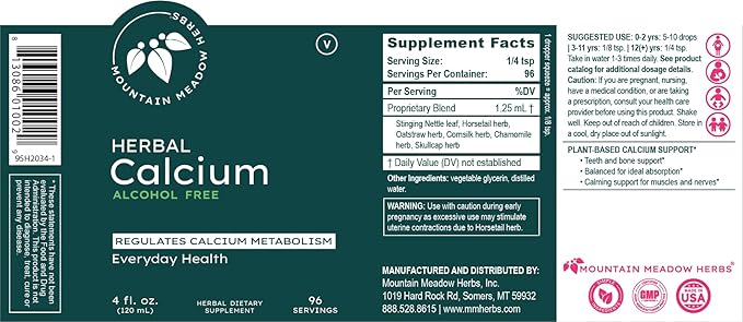 Mountain Meadow Herbs Herbal Calcium – Vegan Liquid Calcium Supplement for Bone &amp Teeth Support High Absorption Plant-Based Formula for Adults &amp Kids - 2 oz