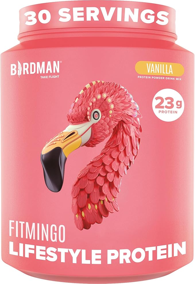 BIRDMAN Fitmingo Vegan Protein Powder with Inositol Collagen Boosters Hyaluronic Acid and Vitamins | Low Carb Dairy Free Lactose Free Low Calorie | 23g Plant Based Vanilla Protein Powder