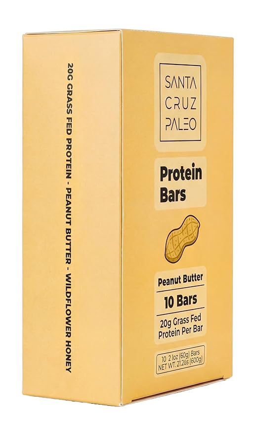Santa Cruz Paleo Protein Bar – 20g Grass-Fed Whey &amp Collagen Protein – Wildflower Honey Sweetened No Seed Oils High Protein Snack Bar (Peanut Butter Flavor Pack of 10)