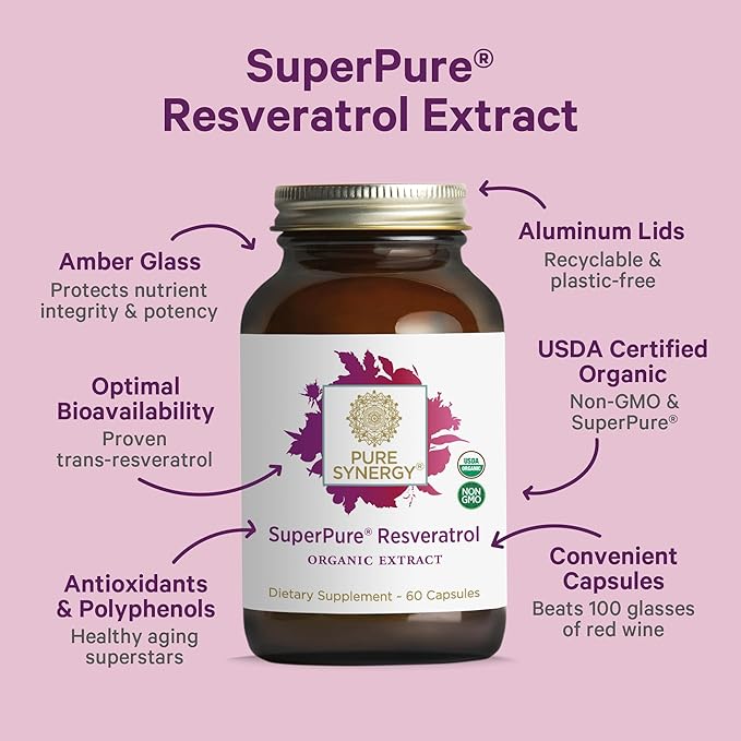 PURE SYNERGY SuperPure Resveratrol Extract | Organic Resveratrol Supplement | Antioxidant Trans-Resveratrol Extract with Grape Polyphenols | for Healthy Aging Heart and Skin Health (60 Capsules)