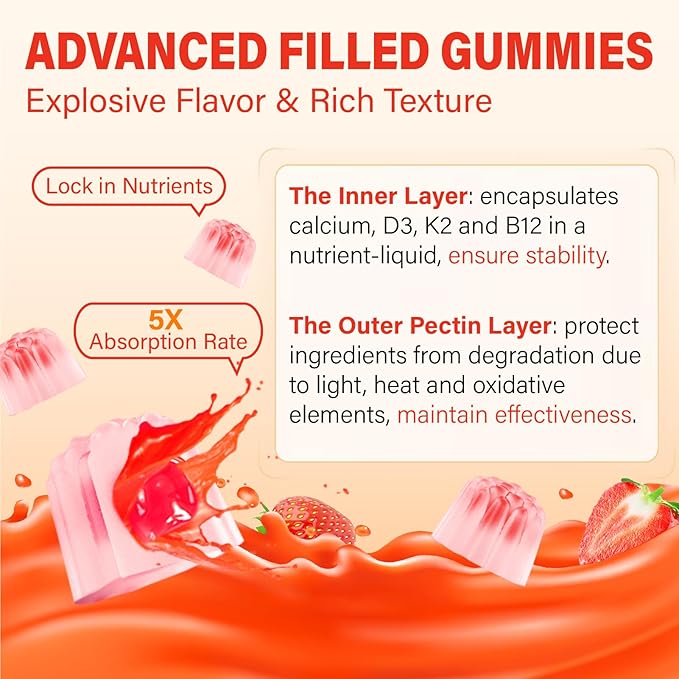 Calcium 1200 mg with Vitamin D3 Supplement for Adults - Calcium Gummies with Vitamin D3 5000IU K2 B12 for Women Men - Extra Absorption Calcium Citrate - Natural Strawberry Flavor 60 Gummies