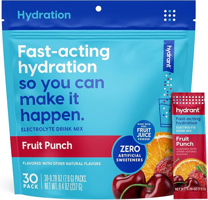 HYDRANT - Hydrate Electrolyte Powder Fruit Punch Flavor 30 Rapid Hydration Individual Stick Packs - Low Sugar Drink Mix for Daily Use Travel &amp Workouts