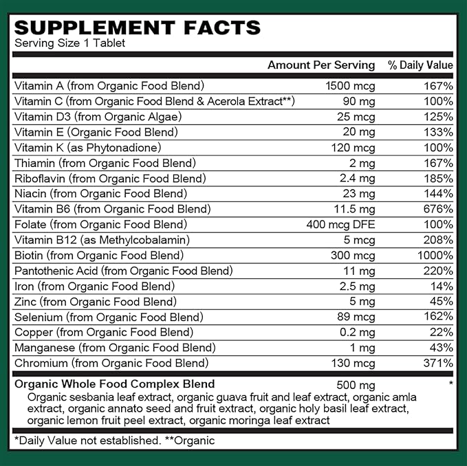 PlantFusion Organic Multivitamin for Women - One Daily Whole Food Blend Women's Multivitamin - Vegan Non-GMO Gluten Free &amp Dairy Free - 60 Tablets (2 Month Supply)