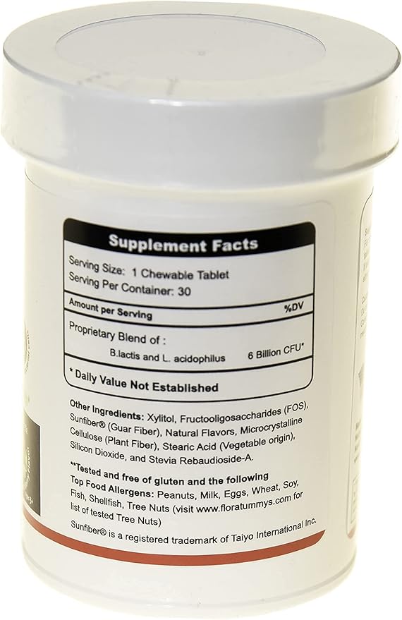 FloraTummys Kids Chewable Probiotic Prebiotics: Non-Dairy Gluten &amp Sugar-Free Peanut &amp Soy Free Non-GMO Tested &amp Free of Food Allergens Vegan Kosher Berry Flavor(1 Bottle)