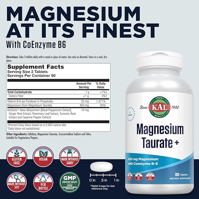 KAL Magnesium Taurate 400mg Plus CoEnzyme Vitamin B6 Chelated Magnesium Supplement Muscle Function Gluten Free Vegan 90 Serv 180 Tablets