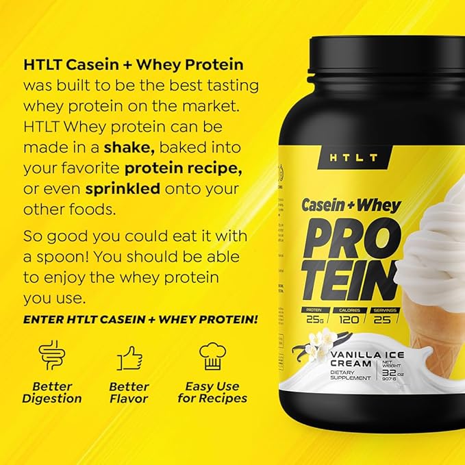 Casein + Whey Protein by HTLT | Whey &amp Casein Protein Shake Powder | Slow-Release Whey &amp Casein Protein for Sustained Energy | Casein Protein Powder for Baked Treats Vanilla Ice Cream