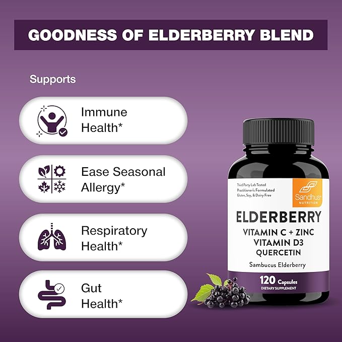 Elderberry Vitamin C and Zinc Capsules for Adults | 240 Count with Quercetin &amp Vitamin D3 | 6-in-1 Immune Support Supplement Pills | Sambucus Black Elderberry Natural Immunity Vitamins | Made in U