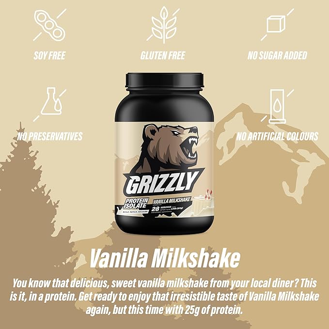 Grizzly Whey Isolate 25g Protein Powder Vanilla Protein Shake - 5.5g BCAAs for Growth &amp Muscle Recovery - 89% Whey Protein Per Serving - Post Workout Muscle Builder for Men &amp Women - 28 Servi
