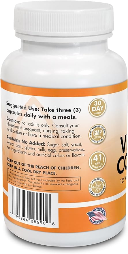 Vitamin Complex Multivitamins and Multiminerals - 12 Vitamins and 14 Minerals Vitamin A C D3 E B1 B2 B3 B5 B6 B9 B12 H and Minerals - 90 capsules 41 Active Ingredients Micronized for max absorption.