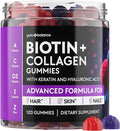 Biotin &amp Collagen Gummies for Hair Skin Nails – with Hyaluronic Acid Keratin &amp Zinc – Hydrolyzed Collagen Types I III X Multivitamins A C D3 E – Non-GMO 120 Gummies Berry Flavor