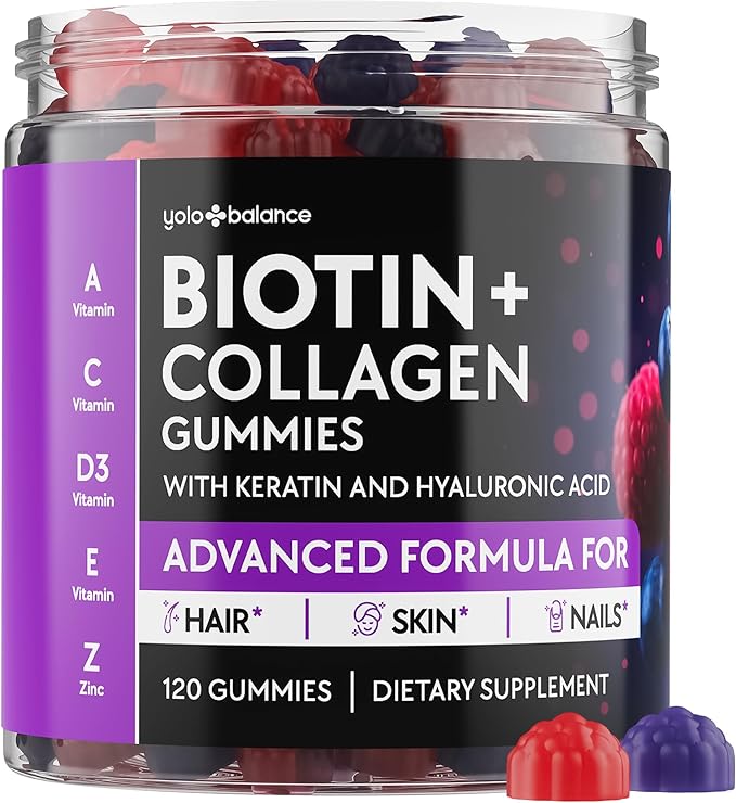 Biotin &amp Collagen Gummies for Hair Skin Nails – with Hyaluronic Acid Keratin &amp Zinc – Hydrolyzed Collagen Types I III X Multivitamins A C D3 E – Non-GMO 120 Gummies Berry Flavor