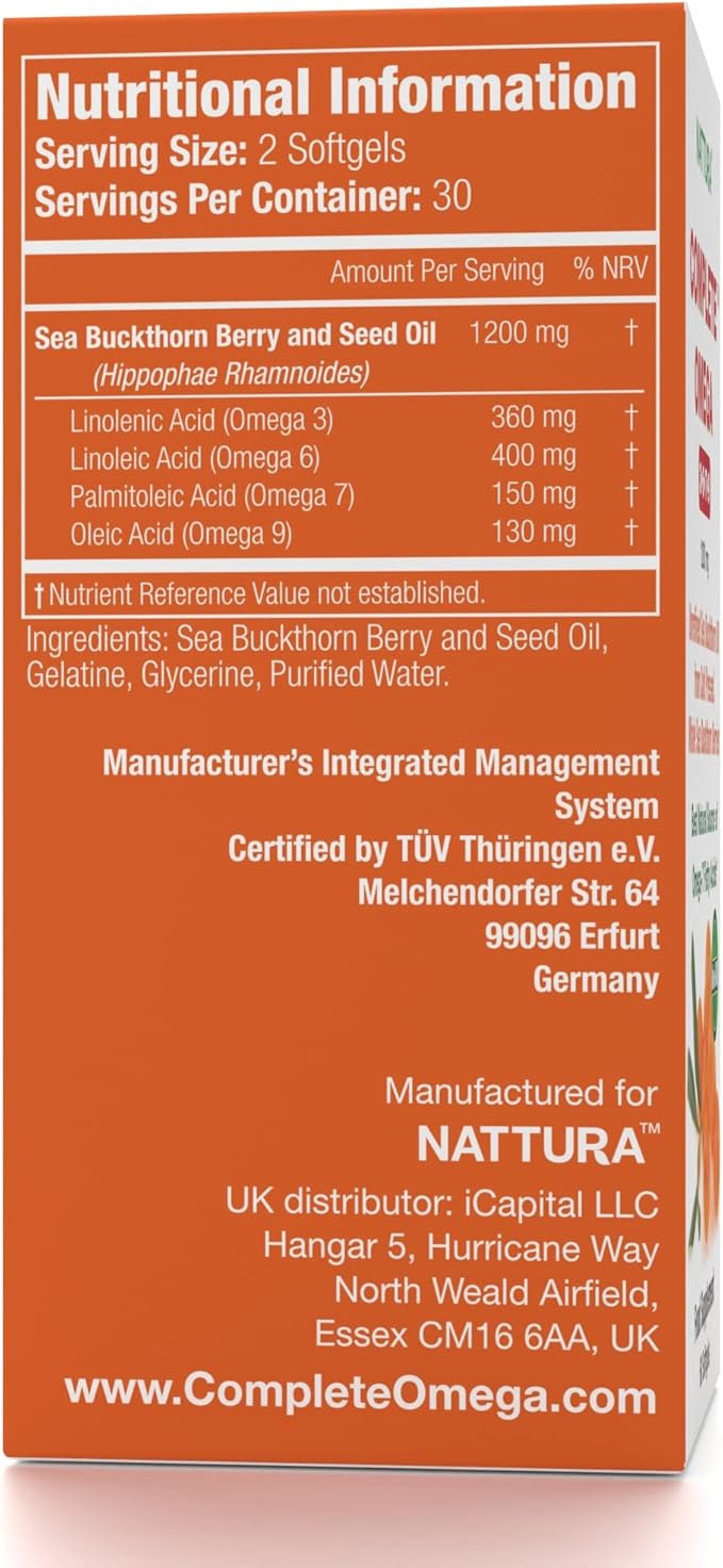 Nattura Complete Omega 3-6-7-9 Pure Sea Buckthorn Oil European Quality from Unrefined Cold Pressed Whole Sea Buckthorn Wild Berries - Non-GMO Certified Kosher Gluten-Free 1 Bottle - 60 Capsules