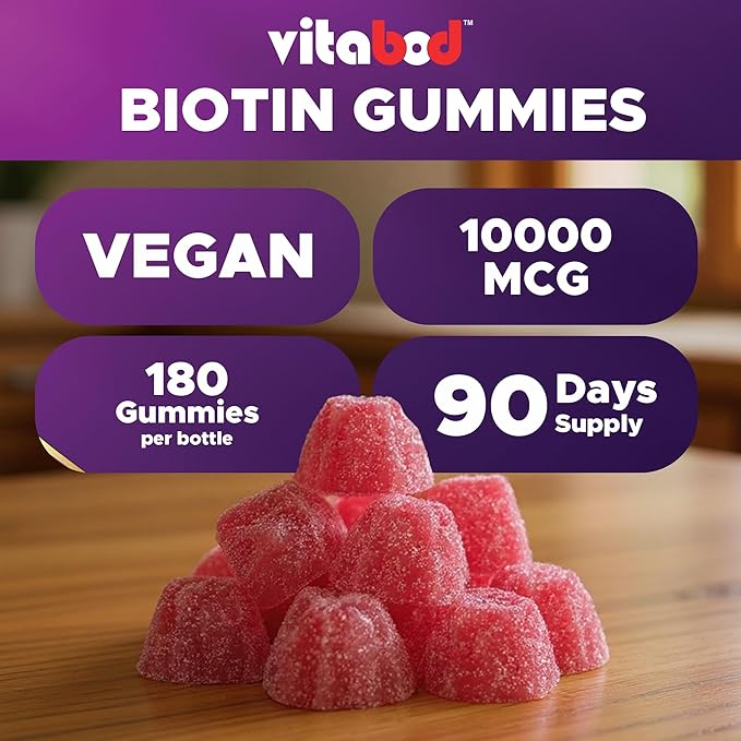 Biotin Gummies 10000 mcg – 180 Vegan Gummies Hair Skin &amp Nails Support for Women Men &amp Kids – Non-GMO Gluten-Free Delicious Flavor