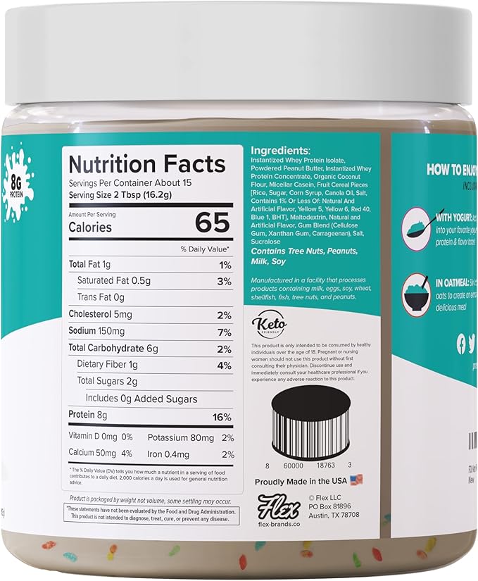 Flex Brands Whey Protein Cookie Butter Powder - Fruity Cereal | Keto-Friendly Low Carb No Added Sugars Gluten-Free | Easy to Mix Bake and Spread | 8.6oz