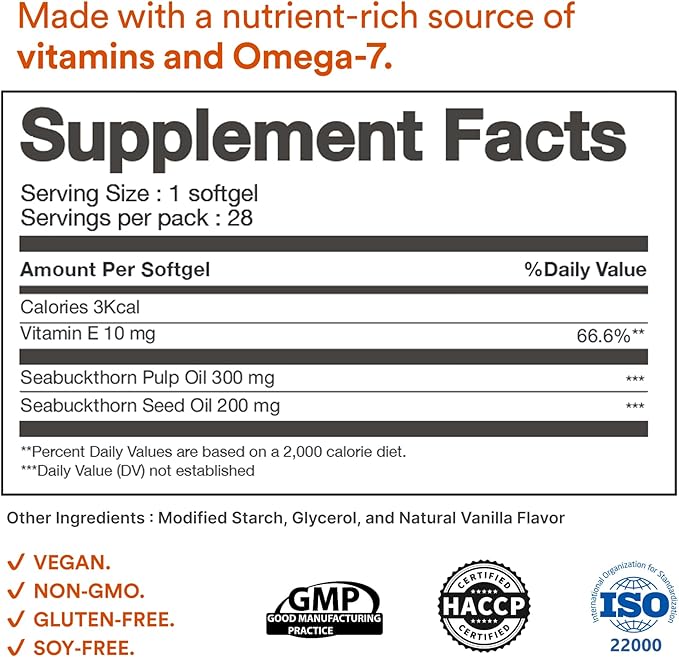 Sea Buckthorn Oil 500 mg | Veg Softgels | Omega 3 6 7 9 from Fruit &amp Seed Extract | Plant-Based | Non-GMO | GMP Certified | 28 softgels