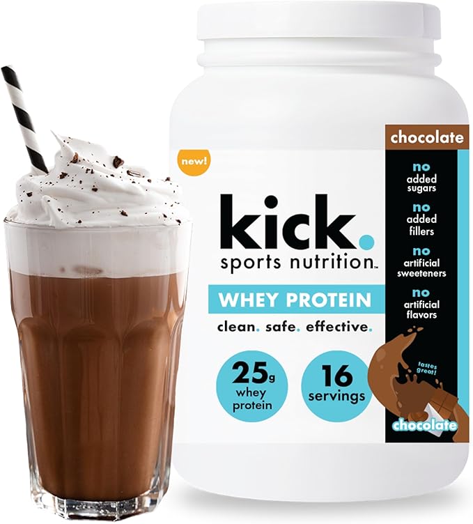 Kick Whey Protein Powder Chocolate Flavor 25 G Protein Gluten Free Workout Supplement with Amino Acids to Support Fitness Goals &amp Gut Health No Added Sugar No Artificial Flavor 16 Servings