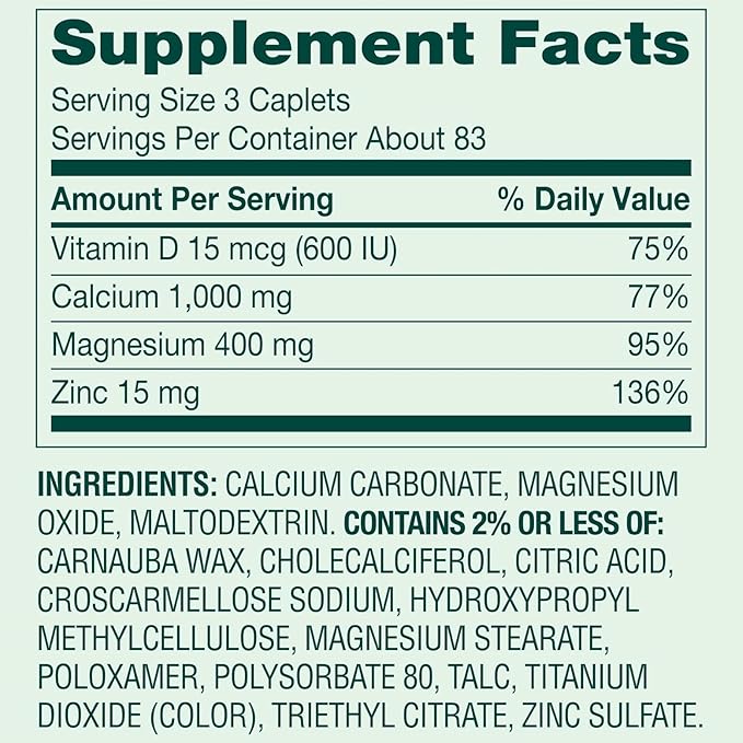 SP: Calcium Magnesium &amp Zinc Plus Vitamin D3 Dietary Supplement | 250 Coated Caplets+ complimentary Vitamins and Minerals Guide