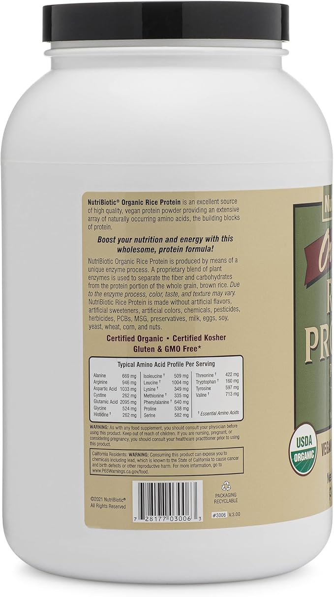 NutriBiotic Certified Organic Rice Protein Vanilla 3 Lb. | Low Carbohydrate Vegan Protein Powder | Raw Certified Kosher &amp Keto Friendly | Made Without Chemicals GMOs &amp Gluten | Easy to Dige