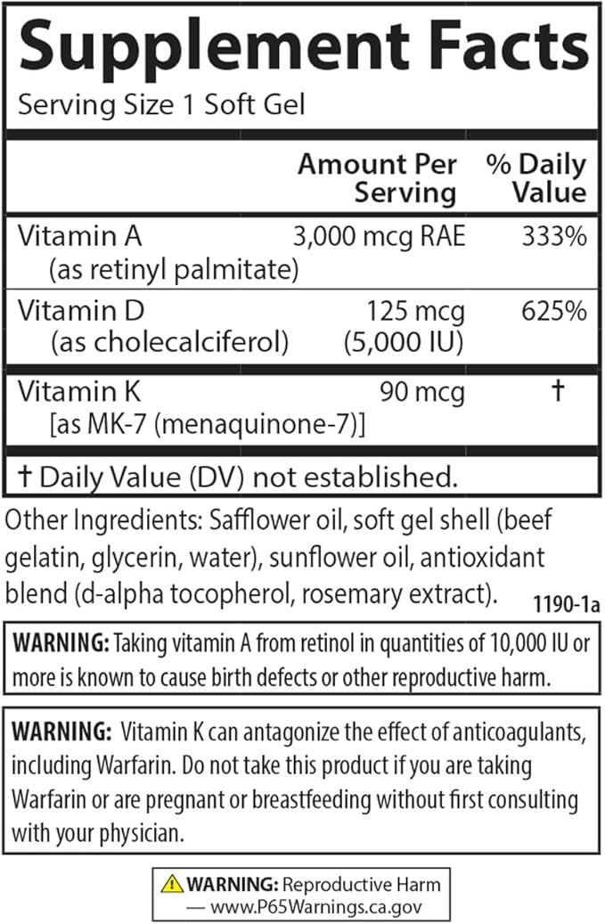 Carlson - Vitamins A D3 K2 3000 mcg RAE Vitamin A 125 mcg Vitamin D3 90 mcg Vitamin K2 as MK-7 Bone Building Calcium Utilization 60 Soft Gels