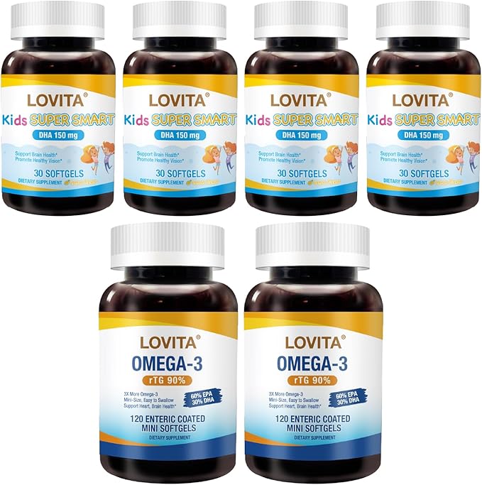 LOVITA Multi-Child Family Bundle - 2 Adult Fish Oil &amp 4 Kid’s Super Smart DHA Lemon Flavor Softgels for Brain &amp Vision (6 Pc Set)
