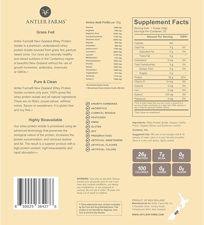 Antler Farms - 100% Grass Fed New Zealand Whey Protein Isolate Vanilla Flavor 2 lbs - Pure and Clean 4 Ingredients Delicious Cold Processed