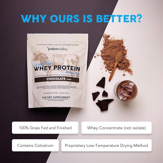 Paleovalley 100% Grassfed Whey Protein Powder with Colostrum 30 Serving - Chocolate 13g Protein Muscle Building Immune Support Gut Health