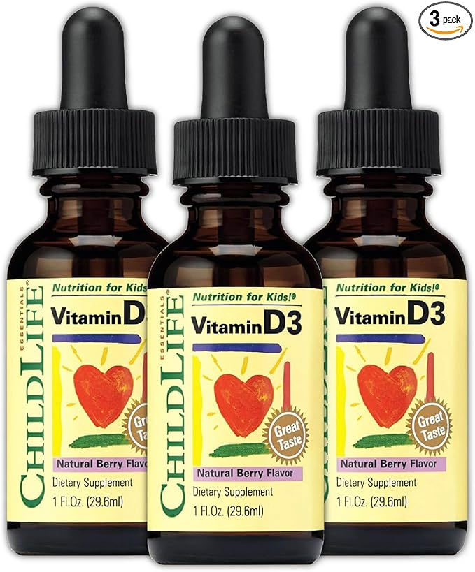 CHILDLIFE ESSENTIALS Vitamin D3 Drops for Kids Children &amp Toddlers - Liquid Vitamin D Drops 500 IU per Drop Immune &amp Bone Health Support Natural Berry - 1 Fl Oz (Pack of 3)