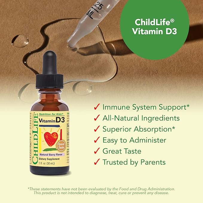 CHILDLIFE ESSENTIALS Vitamin D3 Drops for Kids Children &amp Toddlers - Liquid Vitamin D Drops 500 IU per Drop Immune &amp Bone Health Support Natural Berry - 1 Fl Oz (Pack of 3)