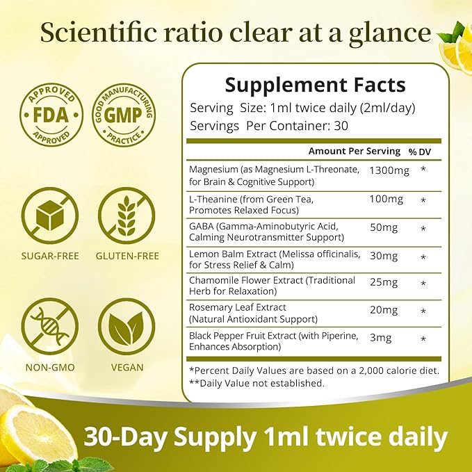 High Absorption Magnesium L-Threonate 1300mg Liquid Drops with L-Theanine&ampGABASupports Brain FunctionDeep Sleep Quality&ampStress ReliefNatural Lemon FlavorFast Acting GMP CertifiedAdults &a