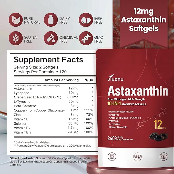 10 in 1 Astaxanthin Supplements 12mg 8 Month Supply Astaxantina Antioxidant from Fresh Haematococcus Pluvialis Contains Lycopene Grape Seed Vitamin E More Supports Eye Joints Skin Health 2Bag