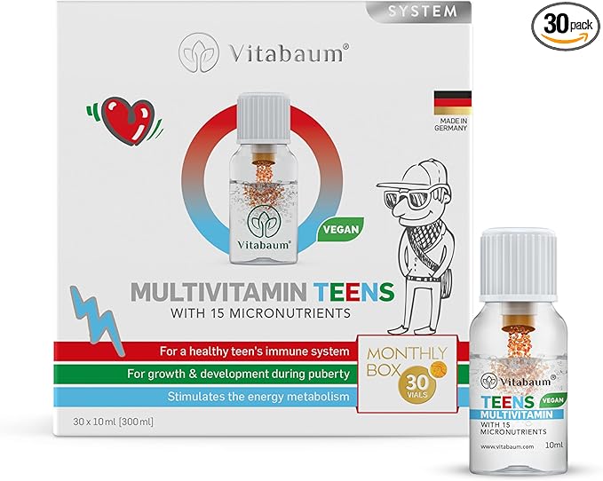 Vitabaum Multivitamin Teens - Vitamins for Teenage Boys &amp Girls - Supports Growth - 30 Vials - 0.34 fl.oz (10ml) Each - Innovative Twist and Mix System™ for Fast Absorption - Vegan