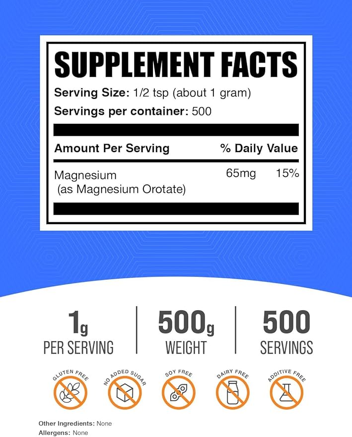 BulkSupplements.com Magnesium Orotate Powder - High Absorption Magnesium Supplement - Unflavored &amp Gluten Free 1g per Serving 500g (1.1 lbs) (Pack of 1)
