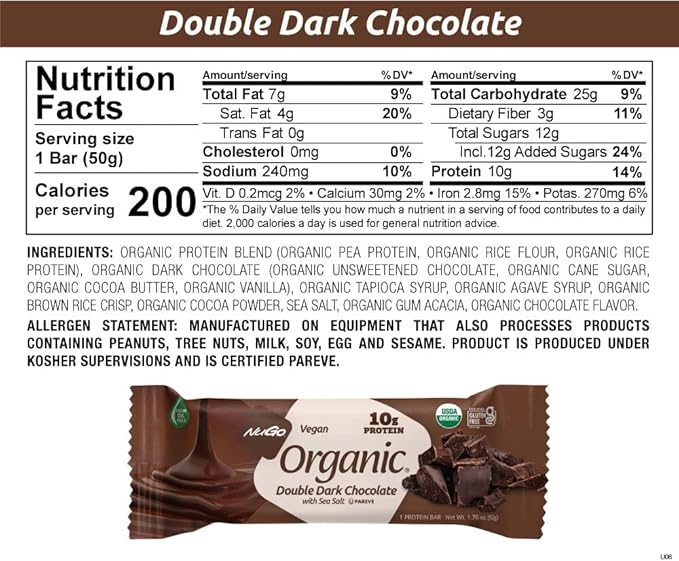 Nugo Organic Double Dark Chocolate 10g Vegan Protein Gluten Free 24 count
