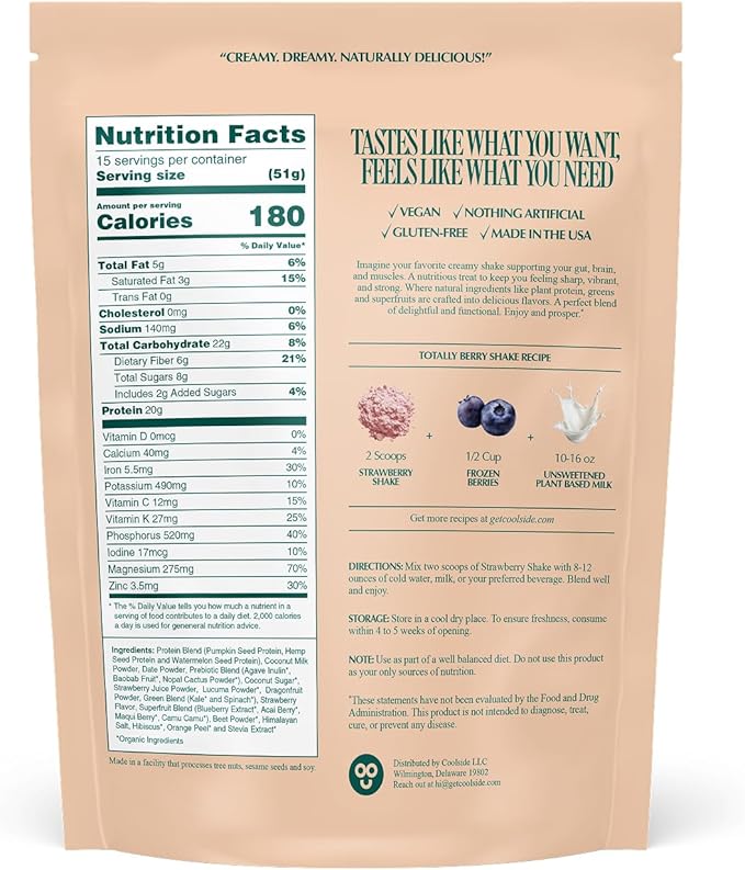 Coolside Superfood Plant Protein – 20g Smooth Seed Protein Blend – Prebiotic Fiber for Easy Digestion – Superfoods and Greens - Daily Wellness Shake for Health and Longevity - Strawberry