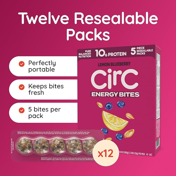 CirC Energy Bites - 12 Pack Lemon Blueberry Gluten Free Protein Balls - 10g Protein Whole Grains Nuts &amp Fruit - Portable Healthy Snacks for Adults &amp Kids 5 Piece Resealable Packs