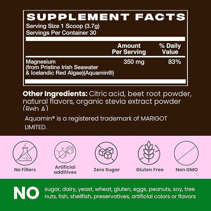 Whole Food Magnesium Powder (30 Servings) | from Ocean Sea Water &amp Icelandic Red Algae | Helps Sleep Brain Function &amp Heart Health | Mixed Berry Flavor